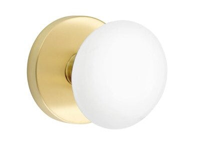 EMTEK Modern Brass Ice White Knob with Disk Rosette