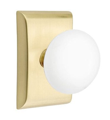 EMTEK Modern Brass Ice White Knob with Neos Rosette