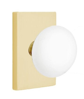 EMTEK Modern Brass Ice White Knob with Modern Rectangular Rosette