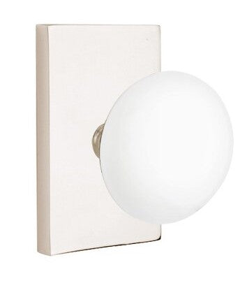 EMTEK Modern Brass Ice White Knob Concealed Screw with Modern Rectangular Rosette