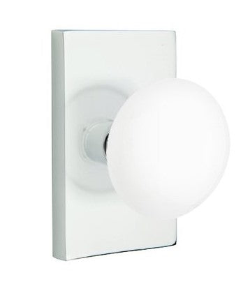 EMTEK Modern Brass Ice White Knob with Modern Rectangular Rosette