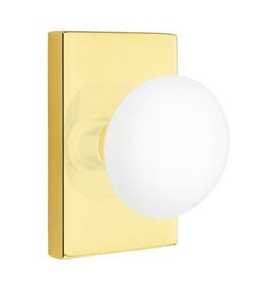 EMTEK Modern Brass Ice White Knob Concealed Screw with Modern Rectangular Rosette