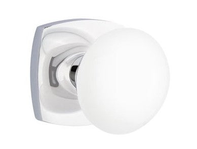 EMTEK Modern Brass Ice White Knob Concealed Screw with Urban Modern Rosette