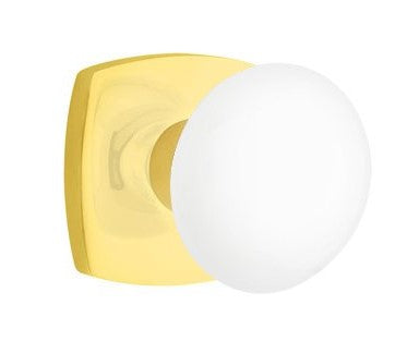 EMTEK Modern Brass Ice White Knob Concealed Screw with Urban Modern Rosette