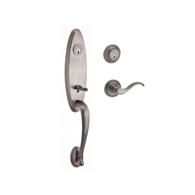 Baldwin Reserve DCCHEXCURRTRR152 Double Cylinder Chesapeake Handleset with Right Hand Curve Lever and Traditional Round Rose with 6AL Latch and Dual Strike Matte Antique Nickel Finish - Right Hand - NA