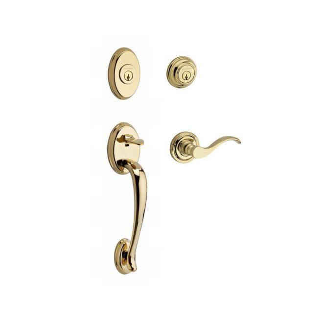 Baldwin Reserve DCCOLXCURLTRR003 Double Cylinder Columbus Handleset with Left Hand Curve Lever and Traditional Round Rose with 6AL Latch and Dual Strike Lifetime Brass Finish - Left Hand - NA