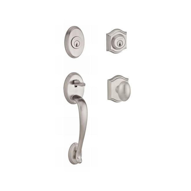 Baldwin Reserve DCCOLXELLTAR150 Double Cylinder Columbus Handleset with Ellipse Knob Traditional Arch Rose with 6AL Latch and Dual Strike Satin Nickel Finish - NA - NA