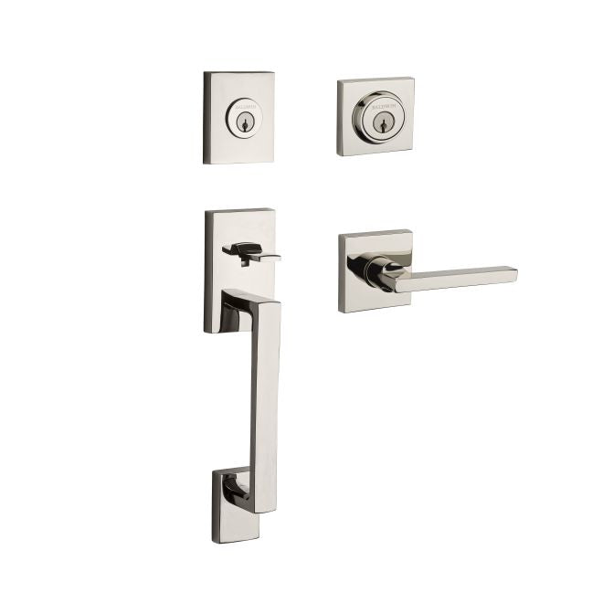 Baldwin Reserve DCLAJXSQUCSR141 Double Cylinder La Jolla Handleset with Square Lever and Contemporary Square Rose with 6AL Latch and Dual Strike Bright Nickel Finish - NA - NA