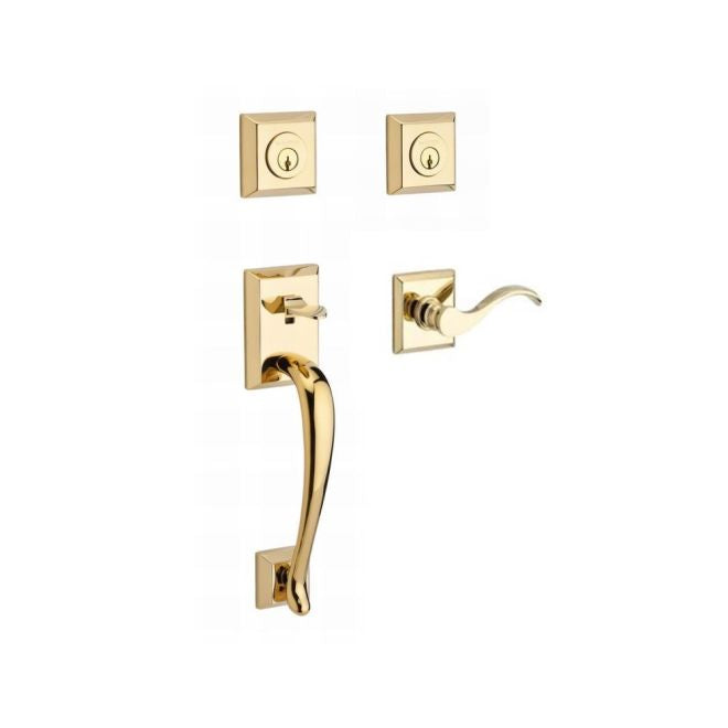 Baldwin Reserve DCNAPXCURRTSR003 Double Cylinder Napa Handleset with Right Hand Curve Lever and Traditional Square Rose with 6AL Latch and Dual Strike Lifetime Brass Finish - Right Hand - NA