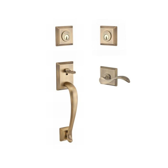 Baldwin Reserve DCNAPXCURRTSR049 Double Cylinder Napa Handleset with Right Hand Curve Lever and Traditional Square Rose with 6AL Latch and Dual Strike Matte Brass and Black Finish - Right Hand - NA