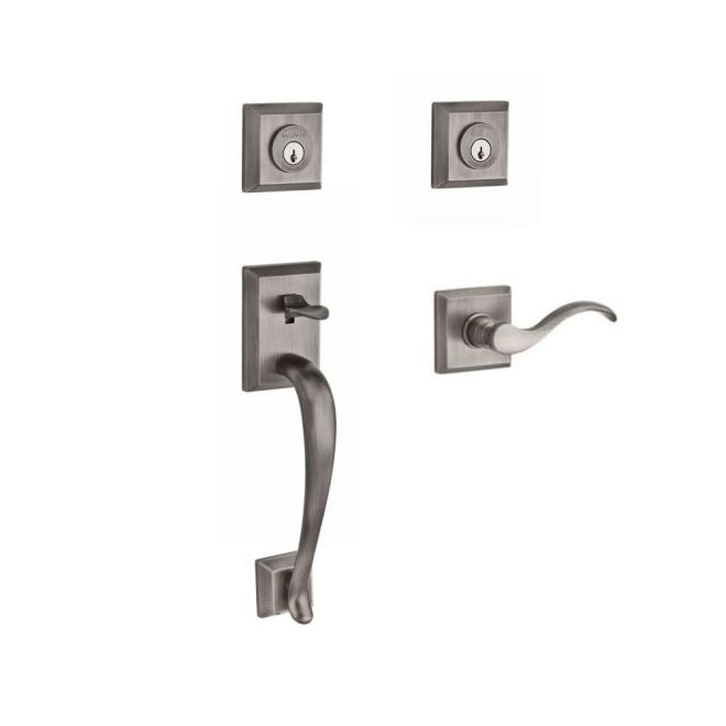 Baldwin Reserve DCNAPXCURRTSR152 Double Cylinder Napa Handleset with Right Hand Curve Lever and Traditional Square Rose with 6AL Latch and Dual Strike Matte Antique Nickel Finish - Right Hand - NA