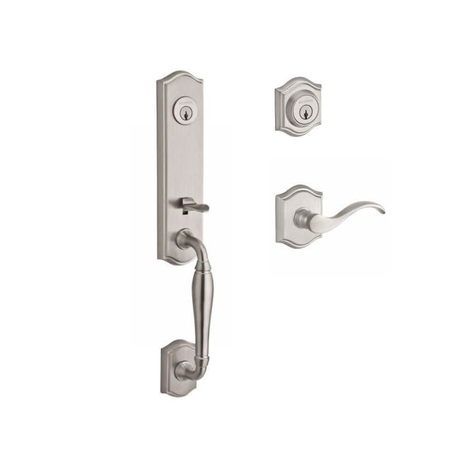 Baldwin Reserve DCNEWXCURLTAR150 Double Cylinder New Hampshire Handleset with Left Hand Curve Lever and Traditional Arch Rose with 6AL Latch and Dual Strike Satin Nickel Finish - Left Hand - NA