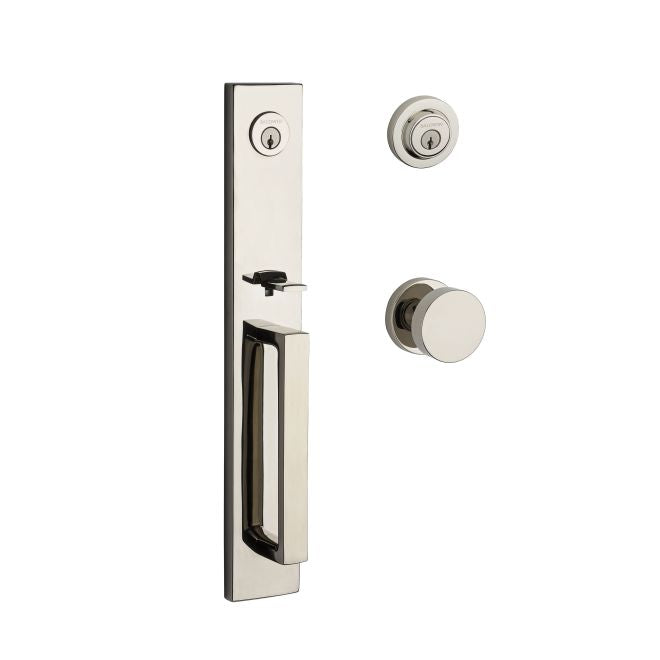 Baldwin Reserve DCSANXCONCRR141 Double Cylinder Santa Cruz Handleset Contemporary Knob and Contemporary Round Rose with 6AL Latch and Dual Strike Bright Nickel Finish - NA - NA