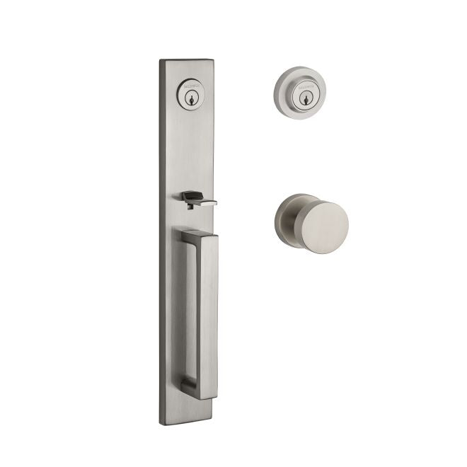 Baldwin Reserve DCSANXCONCRR150 Double Cylinder Santa Cruz Handleset Contemporary Knob and Contemporary Round Rose with 6AL Latch and Dual Strike Satin Nickel Finish - NA - NA
