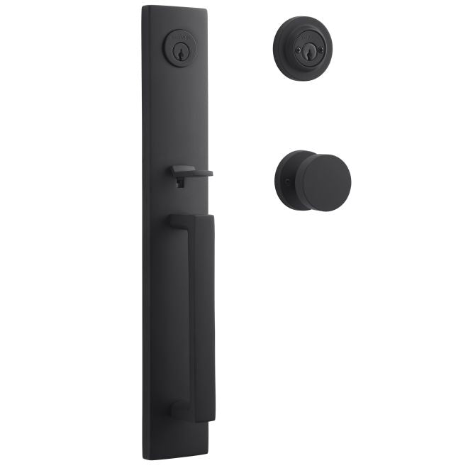 Baldwin Reserve DCSANXCONCRR190 Double Cylinder Santa Cruz Handleset Contemporary Knob and Contemporary Round Rose with 6AL Latch and Dual Strike Satin Black Finish - NA - NA
