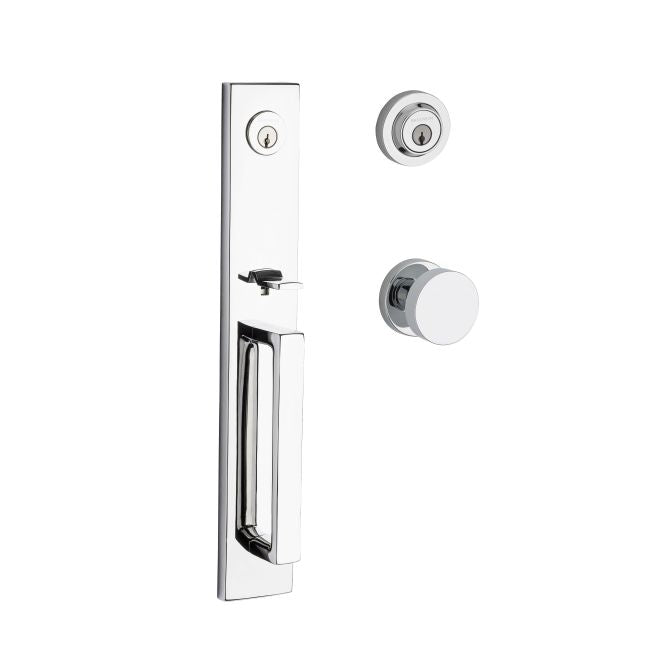 Baldwin Reserve DCSANXCONCRR260 Double Cylinder Santa Cruz Handleset Contemporary Knob and Contemporary Round Rose with 6AL Latch and Dual Strike Bright Chrome Finish - NA - NA