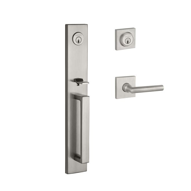 Baldwin Reserve DCSANXTUBCSR150 Double Cylinder Santa Cruz Handleset Tube Lever and Contemporary Square Rose with 6AL Latch and Dual Strike Satin Nickel Finish - NA - NA