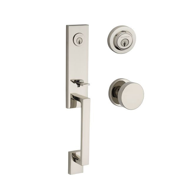 Baldwin Reserve DCSEAXCONCRR141 Double Cylinder Seattle Handleset Contemporary Knob and Contemporary Round Rose with 6AL Latch and Dual Strike Bright Nickel Finish - NA - NA