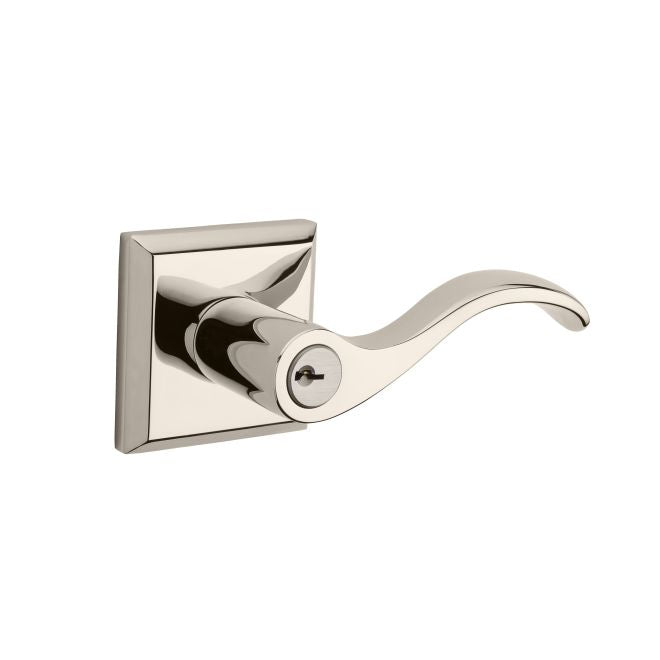 Baldwin Reserve ENCURRTSR141 Entry Right Hand Curve Lever and Traditional Square Rose with 6AL Latch and Dual Strike Bright Nickel Finish - Right Hand - Brass