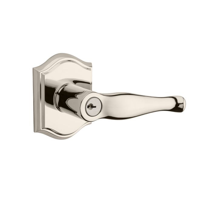Baldwin Reserve ENDECTAR141 Entry Right Hand Decorative Lever and Traditional Arch Rose with 6AL Latch and Dual Strike Bright Nickel Finish - Right Hand - Brass