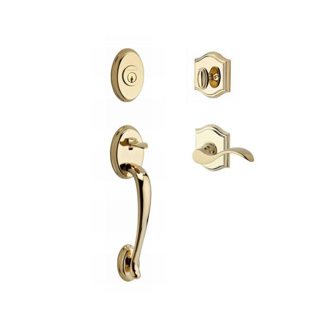Baldwin Reserve SCCOLXCURLTAR003 Single Cylinder Columbus Handleset Left Hand Curve Lever and Traditional Arch Rose with 6AL Latch and Dual Strike Lifetime Brass Finish - Left Hand - NA