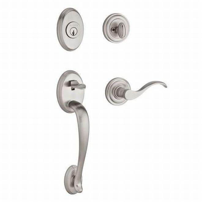 Baldwin Reserve SCCOLXCURLTRR150 Single Cylinder Columbus Handleset Left Hand Curve Lever and Traditional Round Rose with 6AL Latch and Dual Strike Satin Nickel Finish - Left Hand - NA