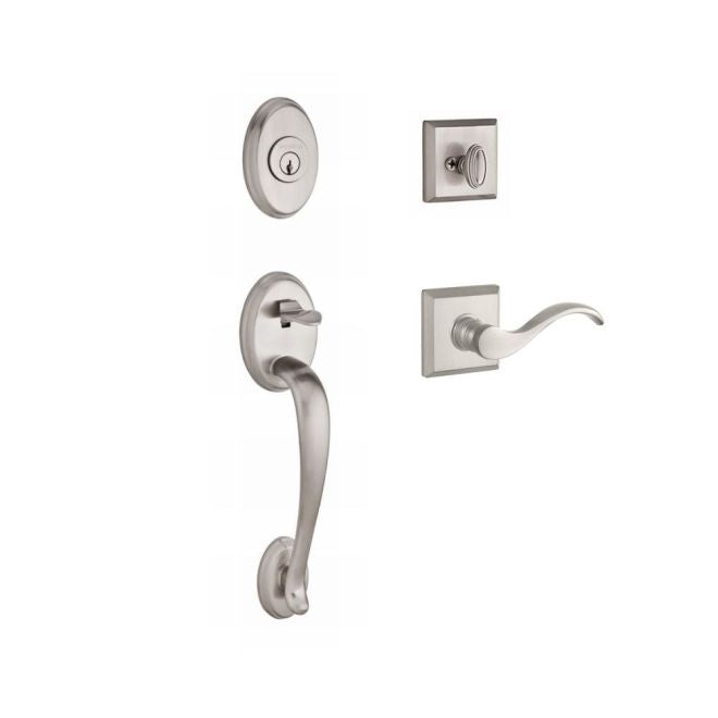 Baldwin Reserve SCCOLXCURLTSR150 Single Cylinder Columbus Handleset Left Hand Curve Lever and Traditional Square Rose with 6AL Latch and Dual Strike Satin Nickel Finish - Left Hand - NA