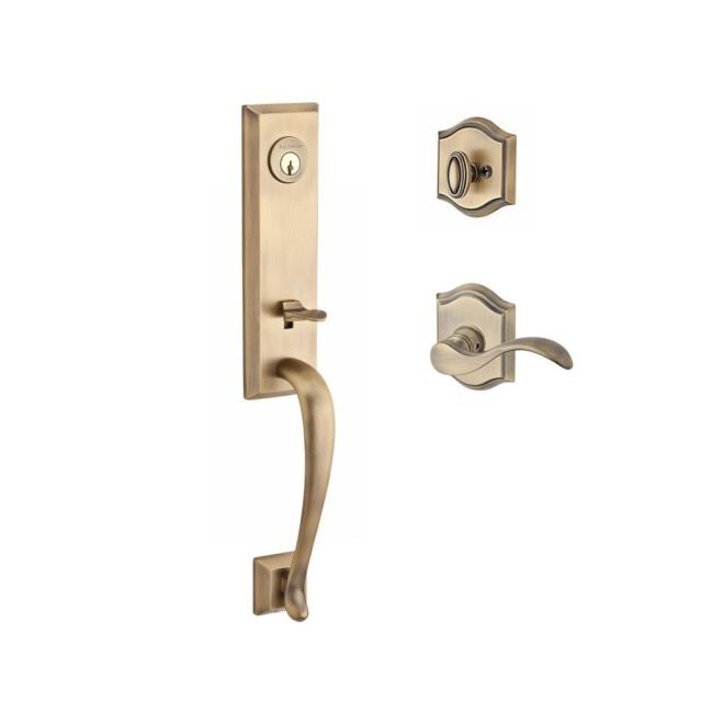 Baldwin Reserve SCDELXCURLTAR049 Single Cylinder Del Mar Handleset Left Hand Curve Lever and Traditional Arch Rose with 6AL Latch and Dual Strike Matte Brass and Black Finish - Left Hand - NA