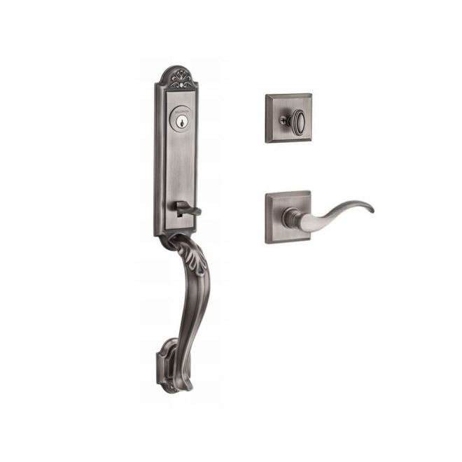 Baldwin Reserve SCELIXCURLTSR152 Single Cylinder Elizabeth Handleset Left Hand Curve Lever and Traditional Square Rose with 6AL Latch and Dual Strike Matte Antique Nickel Finish - Left Hand - NA