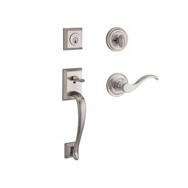Baldwin Reserve SCNAPXCURLTRR150 Single Cylinder Napa Handleset Left Hand Curve Lever and Traditional Round Rose with 6AL Latch and Dual Strike Satin Nickel Finish - Left Hand - NA