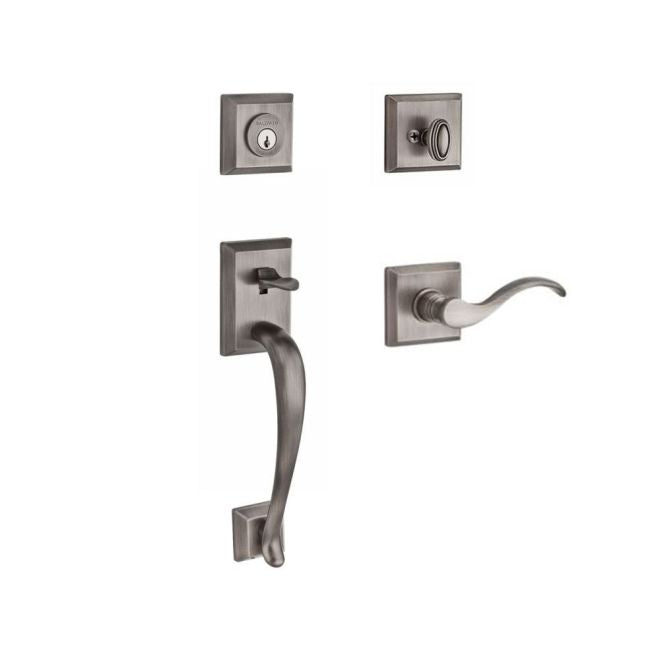 Baldwin Reserve SCNAPXCURRTSR152 Single Cylinder Napa Handleset Right Hand Curve Lever and Traditional Square Rose with 6AL Latch and Dual Strike Matte Antique Nickel Finish - Right Hand - NA