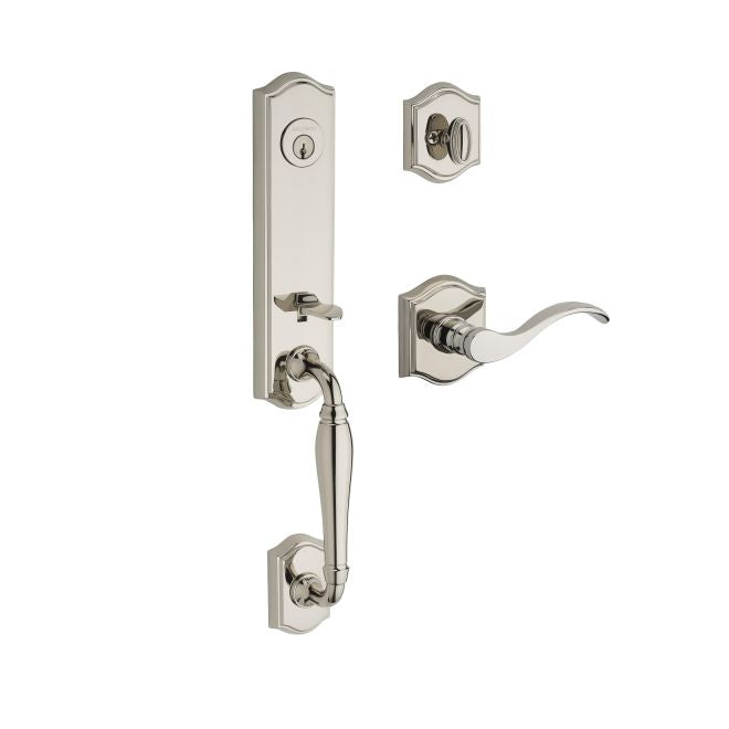 Baldwin Reserve SCNEWXCURLTAR141 Single Cylinder New Hampshire Handleset Left Hand Curve Lever and Traditional Arch Rose with 6AL Latch and Dual Strike Bright Nickel Finish - Left Hand - NA