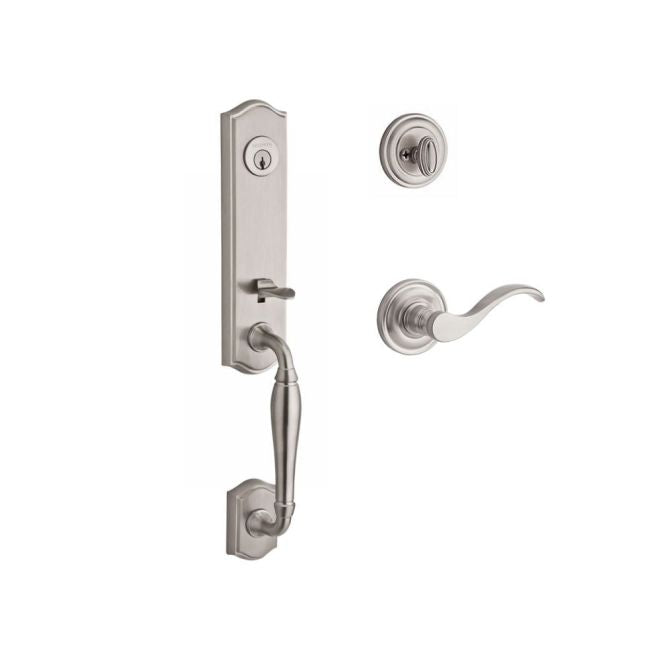 Baldwin Reserve SCNEWXCURRTRR150 Single Cylinder New Hampshire Handleset Right Hand Curve Lever and Traditional Round Rose with 6AL Latch and Dual Strike Satin Nickel Finish - Right Hand - NA