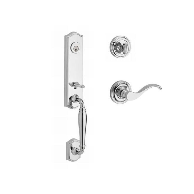 Baldwin Reserve SCNEWXCURRTRR260 Single Cylinder New Hampshire Handleset Right Hand Curve Lever and Traditional Round Rose with 6AL Latch and Dual Strike Bright Chrome Finish - Right Hand - NA