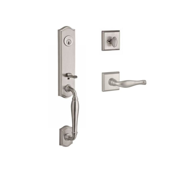 Baldwin Reserve SCNEWXDECLTSR150 Single Cylinder New Hampshire Handleset Left Hand Decorative Lever and Traditional Square Rose with 6AL Latch and Dual Strike Satin Nickel Finish - Left Hand - NA