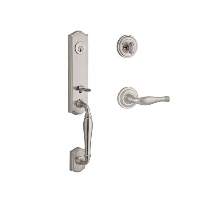 Baldwin Reserve SCNEWXDECRTRR150 Single Cylinder New Hampshire Handleset Right Hand Decorative Lever and Traditional Round Rose with 6AL Latch and Dual Strike Satin Nickel Finish - Right Hand - NA