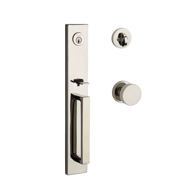 Baldwin Reserve SCSANXCONCRR141 Single Cylinder Santa Cruz Handleset Contemporary Knob and Contemporary Round Rose with 6AL Latch and Dual Strike Bright Nickel Finish - NA - NA