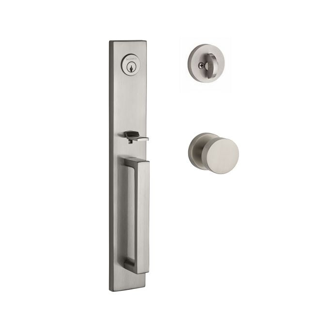 Baldwin Reserve SCSANXCONCRR150 Single Cylinder Santa Cruz Handleset Contemporary Knob and Contemporary Round Rose with 6AL Latch and Dual Strike Satin Nickel Finish - NA - NA