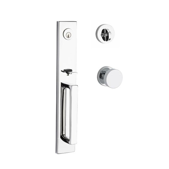 Baldwin Reserve SCSANXCONCRR260 Single Cylinder Santa Cruz Handleset Contemporary Knob and Contemporary Round Rose with 6AL Latch and Dual Strike Bright Chrome Finish - NA - NA