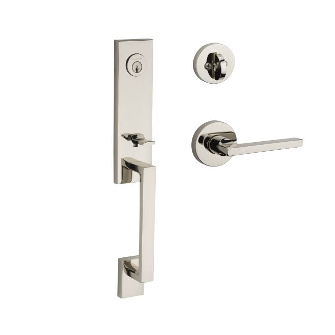 Baldwin Reserve SCSEAXSQULCRR141 Single Cylinder Seattle Handleset Left Hand Square Lever and Contemporary Round Rose with 6AL Latch and Dual Strike Bright Nickel Finish - Left Hand - NA