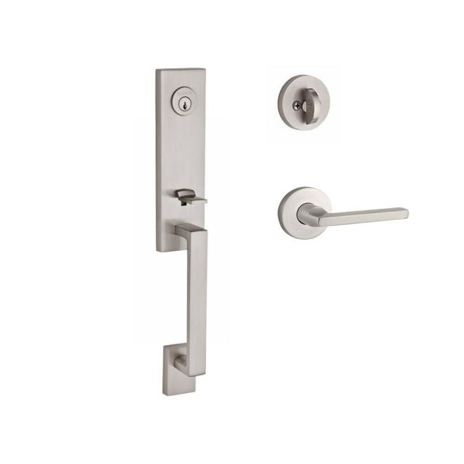 Baldwin Reserve SCSEAXSQULCRR150 Single Cylinder Seattle Handleset Left Hand Square Lever and Contemporary Round Rose with 6AL Latch and Dual Strike Satin Nickel Finish - Left Hand - NA
